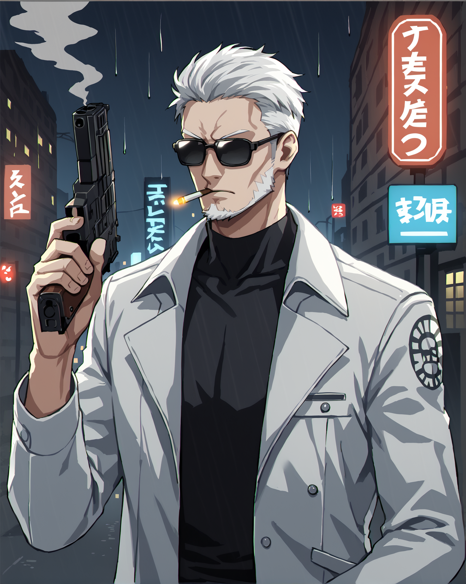 score_9, score_8_up, score_7_up, source_cartoon BREAK 1boy, solo, crew cut, sunglasses opaque glasses, white hair, street, night, smoking, 1920s, from front, gun, overcoat, inquisitor, middle aged male, city, <lora:Opaque_glasses_r1:1>, neon lights, rain, dirt, smoke, badass, exorcist, beard, two-tonebeard, rating_questionable