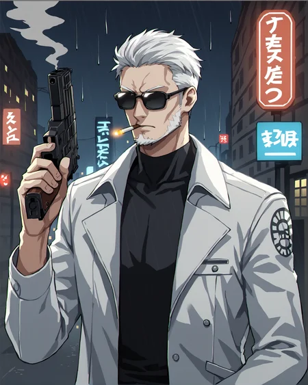 score_9, score_8_up, score_7_up, source_cartoon BREAK 1boy, solo, crew cut, sunglasses opaque glasses, white hair, street, night, smoking, 1920s, from front, gun, overcoat, inquisitor, middle aged male, city, <lora:Opaque_glasses_r1:1>, neon lights, rain, dirt, smoke, badass, exorcist, beard, two-tonebeard, rating_questionable