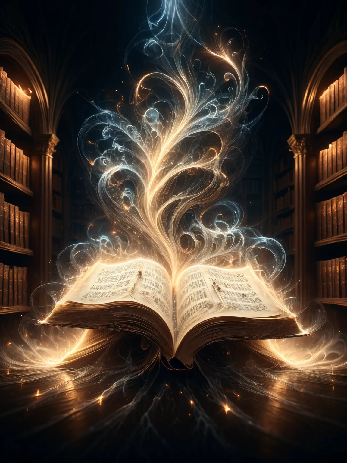 magic book in fantasy libary, letters evaporate into mad-wsps, dynamic pose, cinematic shot, dramatic lighting,<lora:Wisps_of_Light_SDXL:1.2>, masterpiece, best quality, ultra high res, (photorealistic, realistic:1.2), deep shadow, raw photo, film grain, Fujifilm XT3, 8k uhd, dslr