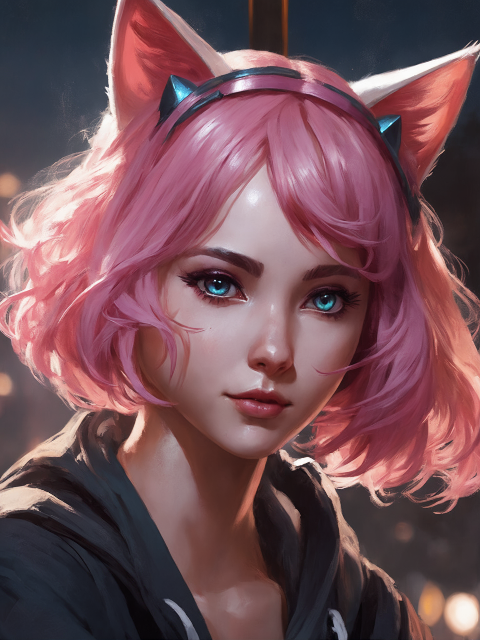 masterpiece, best quality, arcane, (1girl), greg rutkowski, beautiful detailed eyes, looking at viewer, upper body, pink hair, shy, cat ears, very detailed, high resolution, sharp, sharp image, 4k, 8k,