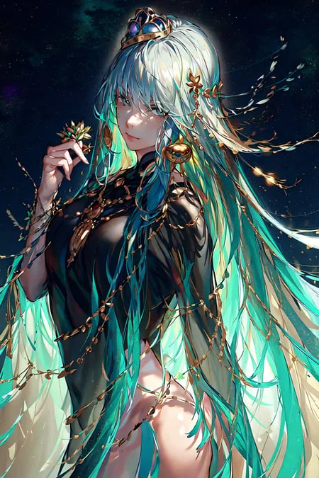 masterpiece, best quality, (1girl:1.4), bangs,closed_mouth, eyebrows_visible_through_hair, green_hair, full body, grey_eyes, hair_between_eyes, hair_ornament, long_hair, looking_at_viewer, multicolored_hair, portrait,solo,jewelry,<lora:Yuu:0.8>,starry,sky,stars,galaxy,