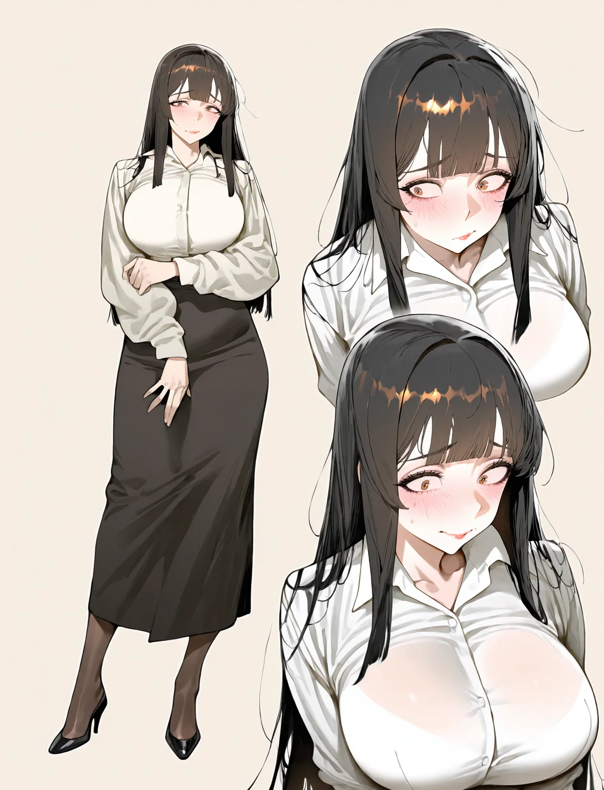 perfect quality, best quality, masterpiece, 1girl, solo, beige background, portrait, full body, reference sheet, close-up,
<lora:multipleviews_illustrious:1> multiple views,
(kojima_takeshi:0.4), (zeronis:0.4), (bacius:0.4), <lora:eatsleep111SDXL:0.5> eatsleep1111,
<lora:rinnaiwahori:1> rinnaiwahori, black hair, brown eyes,
white shirt, collared shirt, long sleeves, long skirt, black skirt, pantyhose, black high heels,
mature female, large breasts, shy, nervous