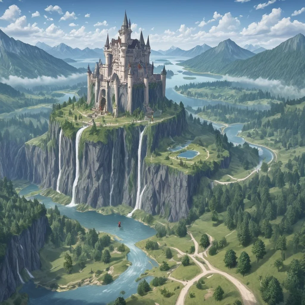 scenery, outdoors, 1girl, mountain, day, cloud, from behind, tree, nature, landscape, fantasy, short hair, blue sky, boots, facing away, water, forest, hood down, standing, castle, lake, river, walking, waterfall, long sleeves, border, cloudy sky, path, cloak, floating island, black footwear, cliff, black dress, building, robe, frills, : moon mark on forehead, jet black hair, orange eyes, black goat ears only, red goat horns, medium hair, orange eyes, blue eyeliner, no human ears, gray whisker marks.score_9, score_8_up, score_7_up, solo, full body