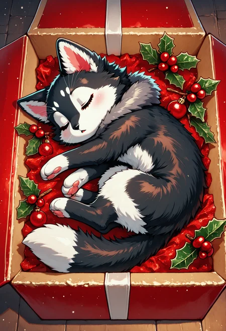 masterpiece, best quality, 32k, high resolution, absurdres, highly detailed, detailed background, animal christmas,  FMIXF, fluffy fur, vibrant details, solo, feral kitten, black fur, sleeping in christmas box, from above <lora:Animal_Christmas:1>  <lora:FMIXFIL:0.7>
