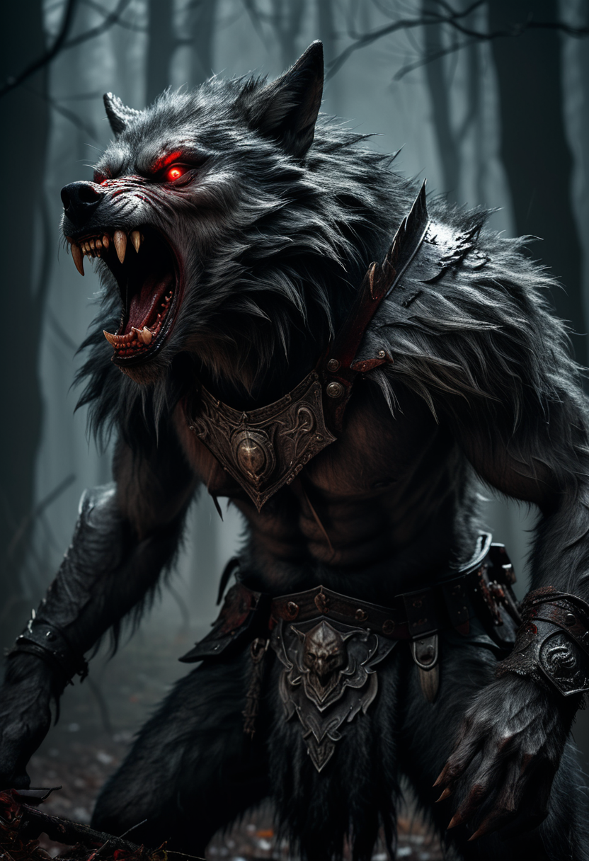 (medium full shot) of (bloodthirsty werewolf), dark grey fur, growling snarl, wearing battle-worn armor,  enchanted talisman,  set in  a haunted forest with whispering winds, shadowy figures, the scent of damp earth, at midnight, ,Masterpiece,best quality, raw photo, realistic, very aesthetic