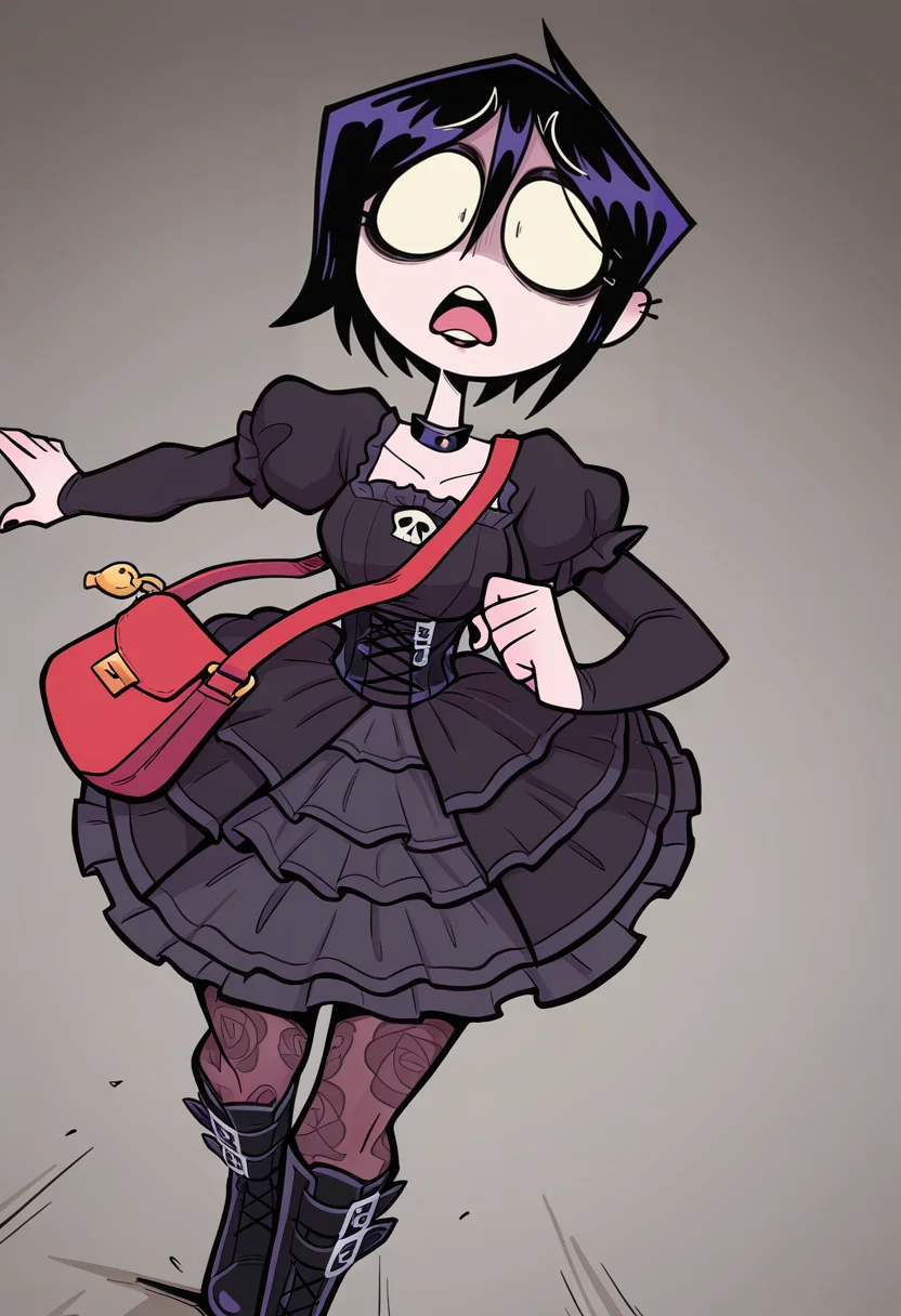 IllustriousQual, masterpiece, best quality, amazing quality, very aesthetic, absurdres, 1girl, solo,
solo, running towards viewer, running, looking at viewer,, raised eyebrows, open mouth, in distress, shaded face, scared, fear,, dutch angle,
<lora:ValbunStyle-IL:0.9> valbun, black hair, short hair, gothic maiden wearing a gothic deep red lace gothic dress with dark detailing , patterned stockings, leather boots , deep burgundy lipstick, smokey eyeshadow, dramatic eyeliner, black nail polish, pale skin, velvet wrap,carrying a studed crossbody bag,