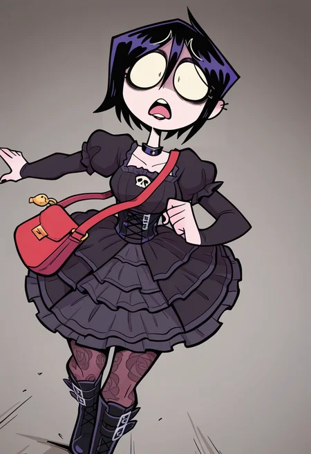 IllustriousQual, masterpiece, best quality, amazing quality, very aesthetic, absurdres, 1girl, solo,
solo, running towards viewer, running, looking at viewer,, raised eyebrows, open mouth, in distress, shaded face, scared, fear,, dutch angle,
<lora:ValbunStyle-IL:0.9> valbun, black hair, short hair, gothic maiden wearing a gothic deep red lace gothic dress with dark detailing , patterned stockings, leather boots , deep burgundy lipstick, smokey eyeshadow, dramatic eyeliner, black nail polish, pale skin, velvet wrap,carrying a studed crossbody bag,