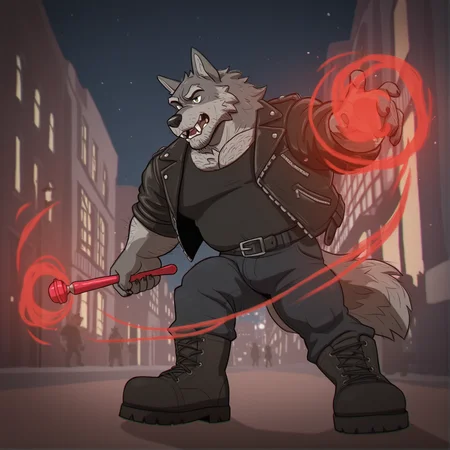 1boy,solo,e621,furry,anthro, wolf,wolf \(species\),grey skin,green eyes,black eyes, fangs, mature,mature male,older male, facial hair, stubble, (hairy), body hair,hairy legs, leg hair,combat boots,fashionable outfit,leather jacket,black shirt, black jeans,goth,clothed,late night,moonlight,exterior,city alleyway,dynamic composition,swinging magic wand, red magic wand,action style,radical motion, modern,high contrast, masterpiece, best quality, absurdres, newest,2d, detailed background, hyperdetailed, intricate details,(chromatic aberration:1.2), (light particles:0.9),sm4llsr4bbit,hairy,