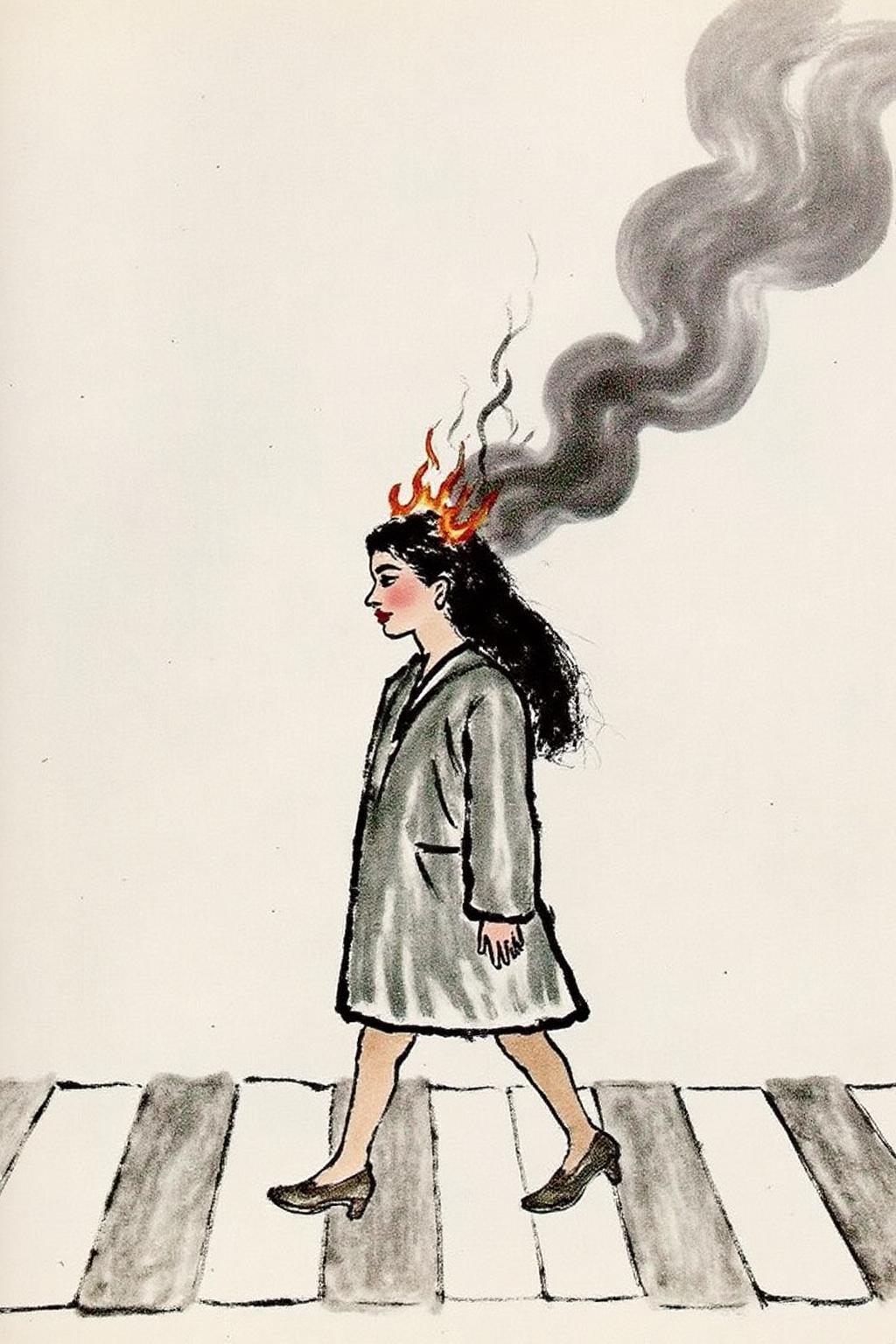 qbs1 ink wash painting.
 Profile of a woman with long black hair walking across the street at zebra crossing. Her hair is on fire, with black Smoke coming out of her head. <lora:qbs1_cap_d6a3e12:1.0><lora:818445506465333682:0>