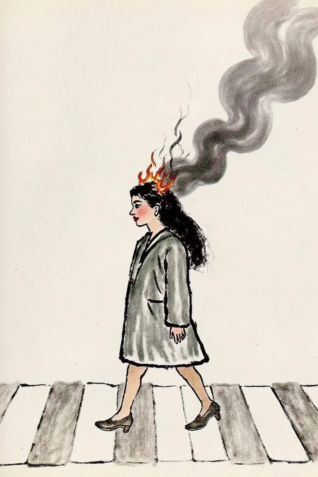 qbs1 ink wash painting.
Profile of a woman with long black hair walking across the street at zebra crossing. Her hair is on fire, with black Smoke coming out of her head. <lora:qbs1_cap_d6a3e12:1.0><lora:818445506465333682:0>