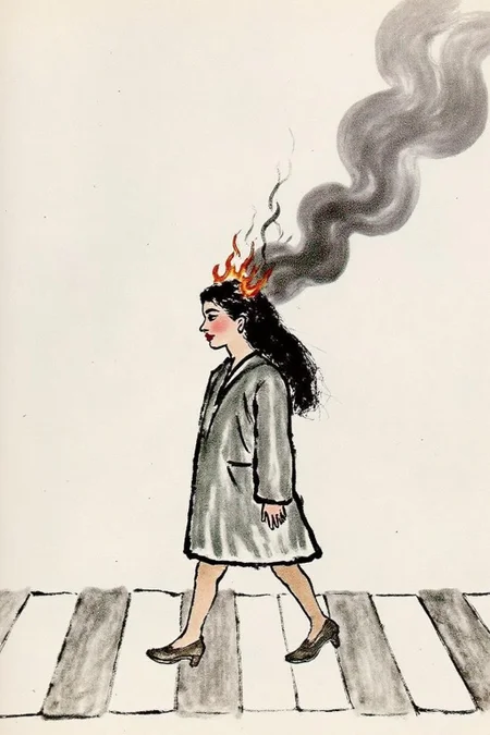 qbs1 ink wash painting.
Profile of a woman with long black hair walking across the street at zebra crossing. Her hair is on fire, with black Smoke coming out of her head. <lora:qbs1_cap_d6a3e12:1.0><lora:818445506465333682:0>