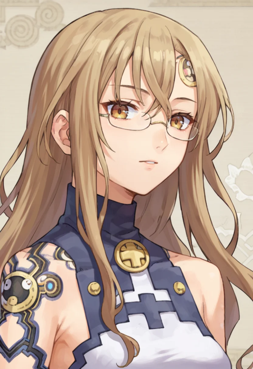 score_9,score_8_up,score_7_up,score_6_up,score_5_up,score_4_up,anime coloring,source_anime,<lora:Ardylia_Summon_Night_3_Pony:0.8>,ardylia,1girl,solo,brown eyes,glasses,long hair,brown hair,forehead ornament,shoulder tattoo,sleeveless dress,(multicolored background),portrait,upper body,looking at viewer,