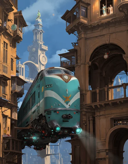 Art by Alejandro Burdisio. A futuristic digital illustration shoot from a low angle about a futuristic train in a bustling cityscape. the image also shows a high-tech, futuristic setting with a futuristic design. on the middle of the image, a futuristic, teal-colored train with the number 97 and the name "eagle" is suspended in mid-air, leaving a trail of blue light behind it. the train has a sleek, streamlined design with a pointed nose and a star-shaped emblem on the side. it is surrounded by tall, ornate buildings with arched windows, and a large clock tower with a statue of a man on top. on either side of the train, there are people standing on balconies, looking up at the train. in the background, the cityscape is lit up with warm, golden light, featuring tall buildings and a bridge with a clock. the sky is a deep blue, with a few clouds scattered across it.