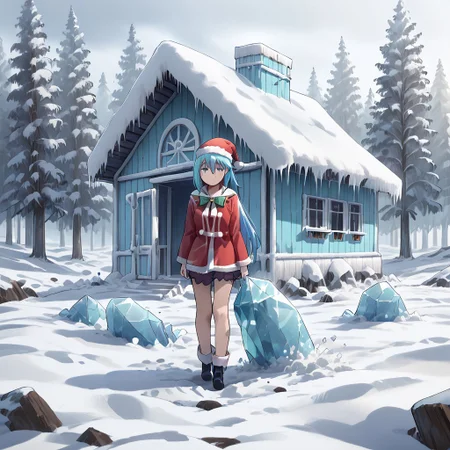 best quality, highres, high resolution, score_9, score_8_up, score_7_up, score_6_up, score_5_up, score_4_up, 1 female, aqua is wearing Santa outfit, her outfit is made of snow crystals, (Aqua_(Konosuba):1), fr0stwrld, snow, ice, <lora:Fr0stWrld-v10:1.2> , <lora:Aqua Pony:1> ,full body, front yard of a house in snow forest, snow background, standing , anime pose, sad gloomy face
