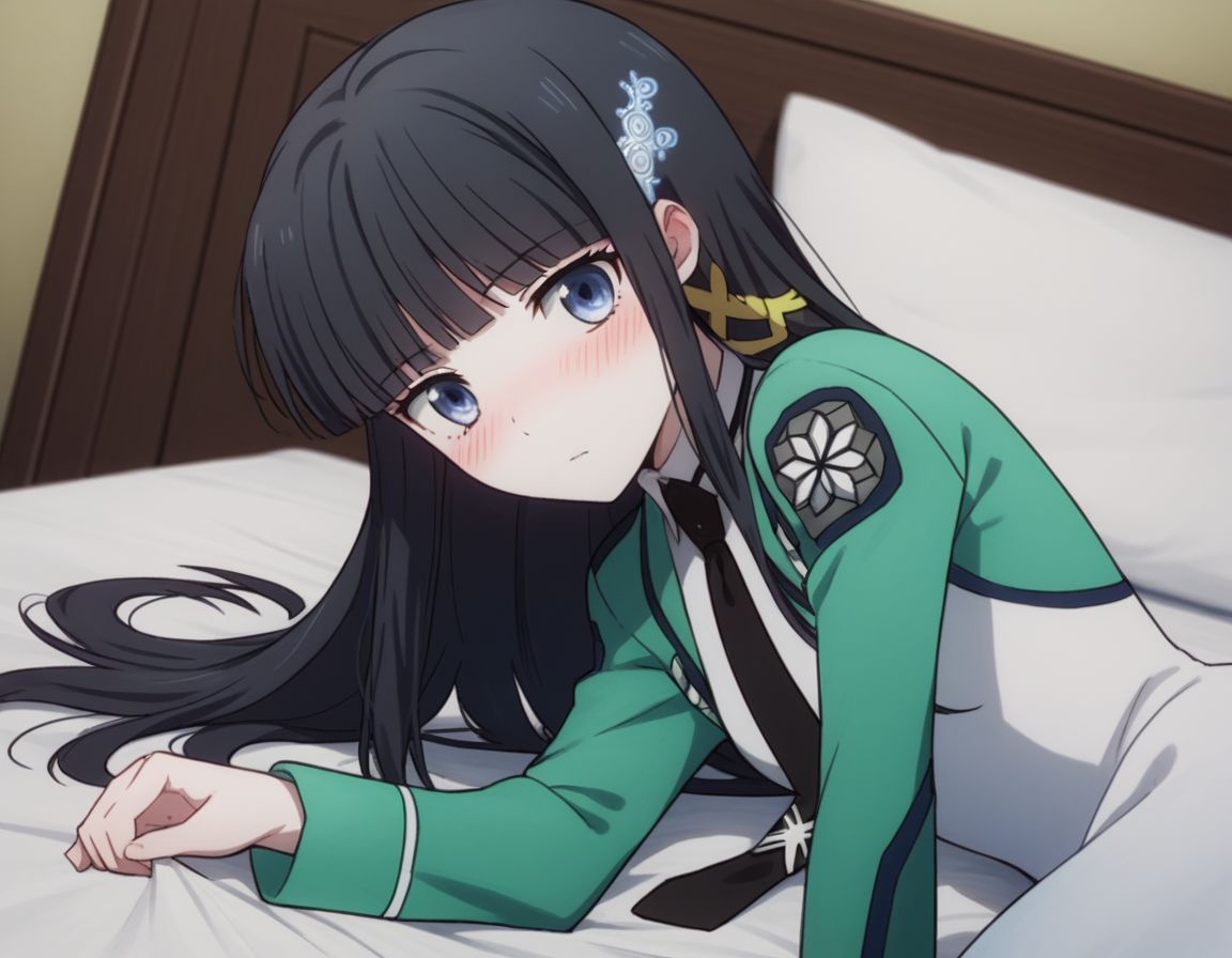score_9, score_8_up, score_7_up, source_anime,
miyukishiba, <lora:miyuki-shiba-s2-ponyxl-lora-nochekaiser:1>,
miyuki shiba, long hair, blue eyes, black hair, hair ornament, ribbon, hair ribbon, snowflake hair ornament, bangs, blunt bangs,
long sleeves, dress, school uniform, pantyhose, necktie, white dress, black necktie,
indoors, bed, bed room, on side, blush, drunk,
solo, dutch angle, looking at viewer, cowboy shot,