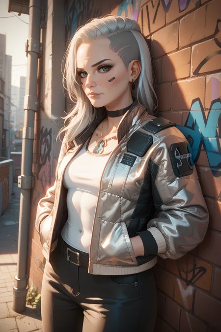 score_9, score_8_up, score_7_up, score_6_up
<lora:CyberRogueOld:0.8>
CyberRogueOld, 1girl, white hair, asymmetrical hair, looking at viewer, leaning against a brick wall, hands in jacket pockets, urban alleyway with graffiti art, moody lighting with shadows, edgy and modern vibe