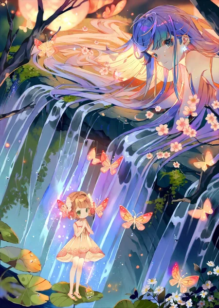 ,by yumenouchi , by yogisya
1girl close up
extremely beautiful detailed piercing eyes,
a girl immersed in a magical garden at twilight. She stands beside a luminous waterfall, cherry blossoms gently falling around her. The soft glow of fireflies and the distant twinkle of stars add an enchanting ambiance to this serene and otherworldly scene
masterpiece, best quality, high quality, highres, absurdres, very detailed, high resolution, sharp, sharp image, 8k, vivid, colorful, stunning, anime