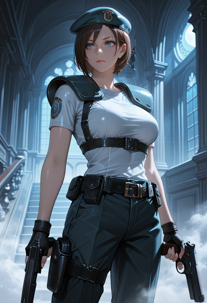 masterpiece, best quality, newest, absurdres, highres,   <lora:JillValentineIllustrious:1>,   VSTRS, brown hair, bob cut, blue eyes, short hair,beret,  shoulder pads, short sleeved shirt, pants, thigh holster, chest belt, belt, fingerless gloves, gun, holding gun, trigger discipline, indoors, dilapidated, moonlight, fog, mansion, stairway, 1girl, solo, breasts,
