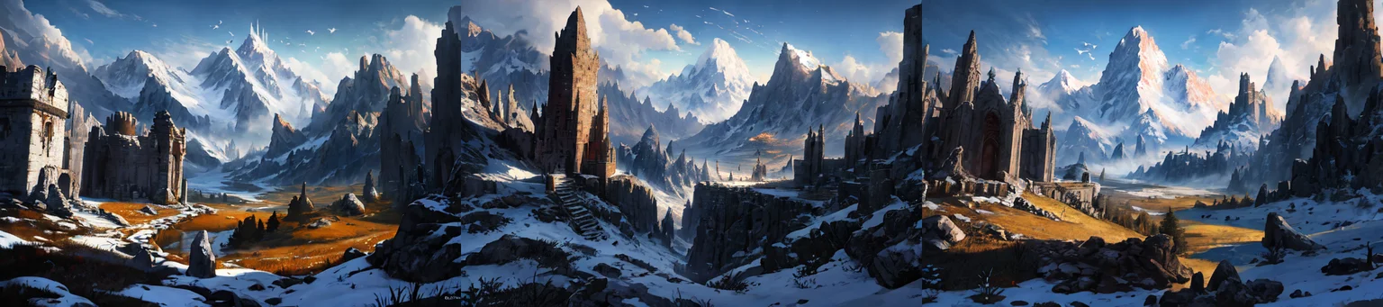 (otherworldly), highly insanely detailed, masterpiece, top quality, best quality, highres, 4k, 8k, RAW photo, epic medieval fantasy, 1boy, bird, fanmou, landscape, mountain, nature, outdoors, ruins, sky, solo, tree, winter, <lora:Fantasy_Mountains:0.7>, epiCPhoto, (fantasy world)