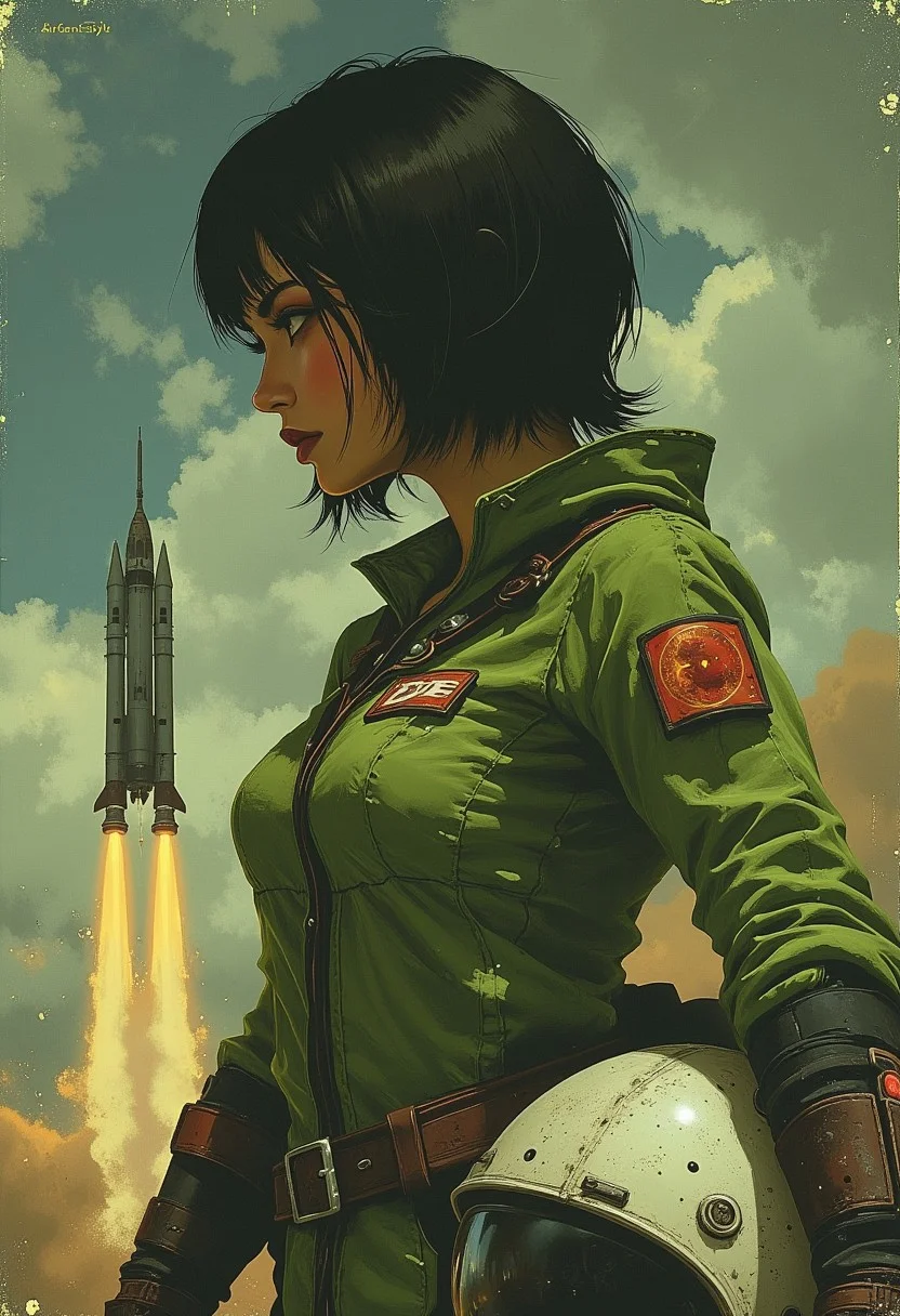 ArsMJStyle, dnddarkestfantasy, a short Asian woman, short black black hair, straight bangs, brown eyes, she wears a green retro spacesuit, her helmet under her arm, she looks into the distance, a determined look on her face. A rocketship on launchpad is in the background