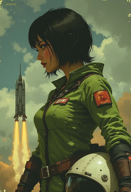 ArsMJStyle, dnddarkestfantasy, a short Asian woman, short black black hair, straight bangs, brown eyes, she wears a green retro spacesuit, her helmet under her arm, she looks into the distance, a determined look on her face. A rocketship on launchpad is in the background