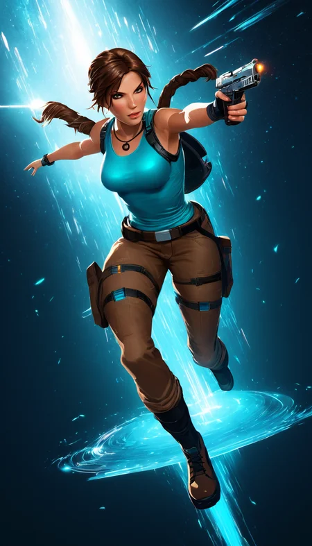 hologram of Cinematic scene, hero view, Lara Croft <lora:lara_croft_xl_v2:1>, action pose, detailed background, masterpiece, best quality, high quality, highres, absurdres floating in space, a vibrant digital illustration, dribbble, quantum wavetracing, black background, behance hd