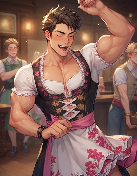 score_9, score_8_up, score_7_up,
1boy wearing pink dirndl dress, floral print,
male focus, muscular,
dancing, drunk, fantasy background
<lora:dirndl_v2:0.9>