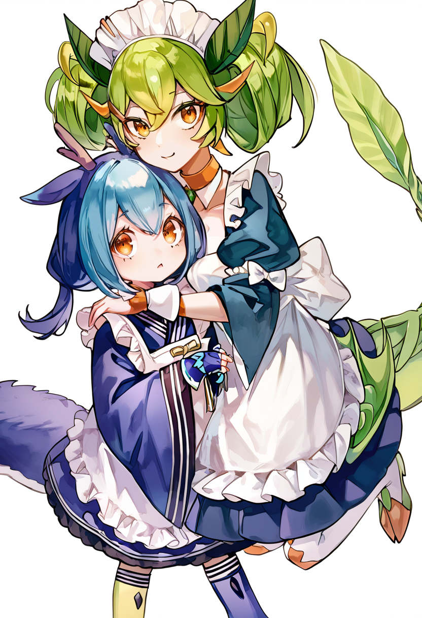(score_9:0.9),score_8_up,score_7_up,anime style,rating_safe,(zPDXL),<lora:parlor dragonmaid ponyXL v2:1>,parlor dragonmaid,maid costume,yellow thigh boots,wrist cuffs,laundry dragonmaid,blue maid outfit,fingerless gloves,2girls,multiple girls,holding,white background,blue footwear,hug,looking at viewer,