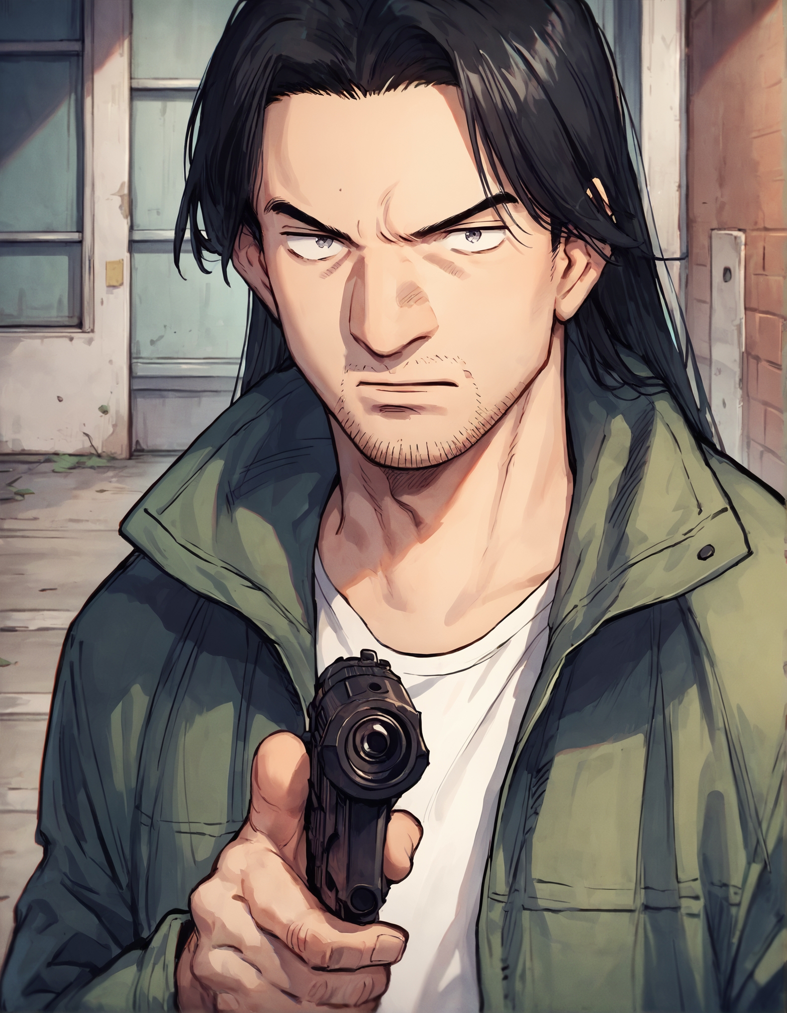 score_9, score_8_up, score_7_up,score_6_up,high resolution,upper body,tenma kenzou,1boy,male focus,black hair,long hair,facial hair,stubble,jacket,pointing, gun,street