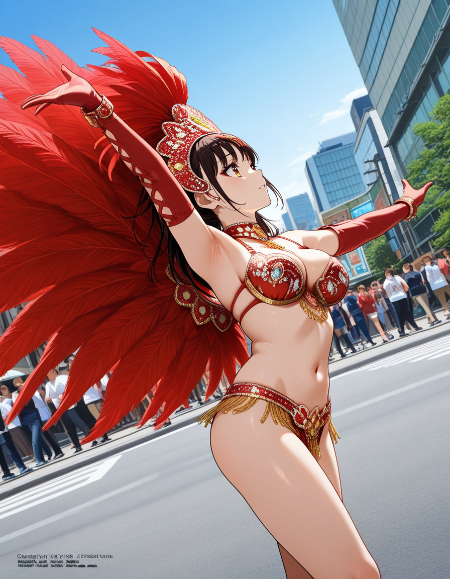 score_7_up, anime BREAK official art, solo, 1girl, one girl, 
dynamic angle, dynamic pose, megami magazine, 
BRERAK, 
<lora:Asakusa_Samba_Carnival_v2:0.8>, Asakusa Samba Carnival, outdoors, day, road, street, city, building, multiple girls, solo focus, dancing, Samba costume, 
breasts, navel, gloves, elbow gloves, jewelry bikini, red costume, headdress, photo background, 
(masterpiece:1.3), best quality, high resolution, unity 8k wallpaper, extremely detailed CG, 8K, perfect anatomy, highly finished, masterpiece, best quality, high quality, amazing quality, great quality, very aesthetic, ultra detailed, highres, absurdres, highly detailed, highly detailed background,