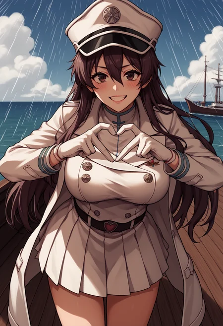 score_9, score_8_up, score_7_up, source_anime BREAK 1girl, cowboy shot, looking looking at viewer,
<lora:BambiettaBasterbineDwnsty:1>, basterb, brown hair, long hair, hair between eyes, brown eyes, peaked cap, white gloves, military uniform, white skirt, pleated skirt, double-breasted, white coat, long sleeves, belt,
large breasts, smile, skindentation, leaning forward, excited, blush, lips, <lora:Heart_Fingers__Concept_Lora:1>, heart hands, heart fingers,
outdoors, ship, boat, cloudy sky, ocea, wind, rain,