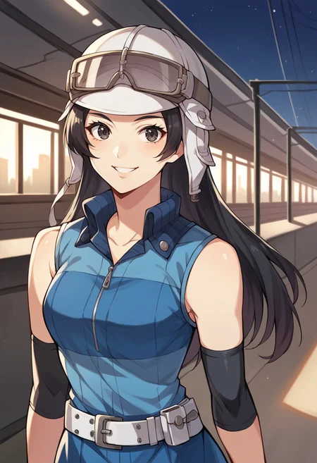score_9, score_8_up, score_7_up, source_anime BREAK 1girl, solo, <lora:zs_AsahiXL:1> asahismtiva, long hair, black hair, helmet, goggles on head, dress, elbow pads, belt, city, train station, smile, night, cowboy shot, looking at viewer