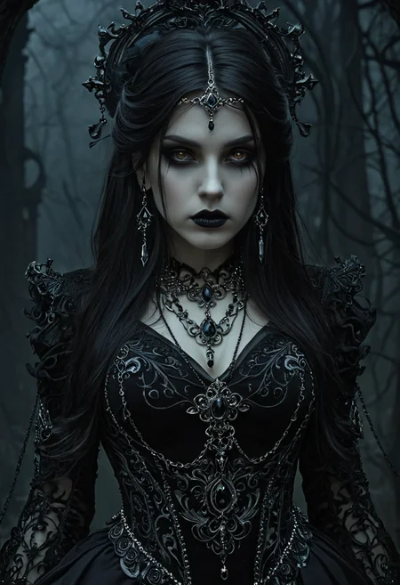 Gothic style <lora:ul0px:1>,ul0px (style, 1girl, fantasy art, dress, jewelry, necklace), . Dark, mysterious, haunting, dramatic, ornate, detailed
