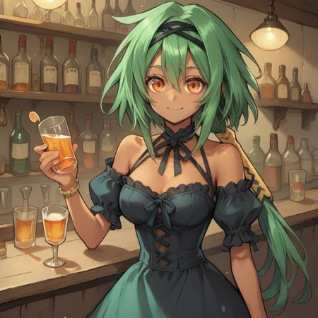 (score_9, score_8_up, score_7_up, score_6_up), source anime, BREAK, <lora:Kylier:0.7> , kylierdef, 1girl, (dark skin), green hair, low-tied long hair, long hair, orange eyes, bare shoulders, <lora:wrenchelegadomepnyxlb2:0.8> , wrenchelegadome, (black dress), puffy sleeves, golden embroidery, breasts, cowboy shot, looking at viewer, (solo), smile, closed mouth, <lora:zy_Detailed_Backgrounds_v1:0.5> , detailed background, highly detailed, interior, <lora:4t4rXLP:0.65> , 4t4r, <lora:Speakeasy__Jazz_Bar:0.5> , Sp3akeasy, Bar (place), bottle, drinking glass, indoors, bartender, alcohol,