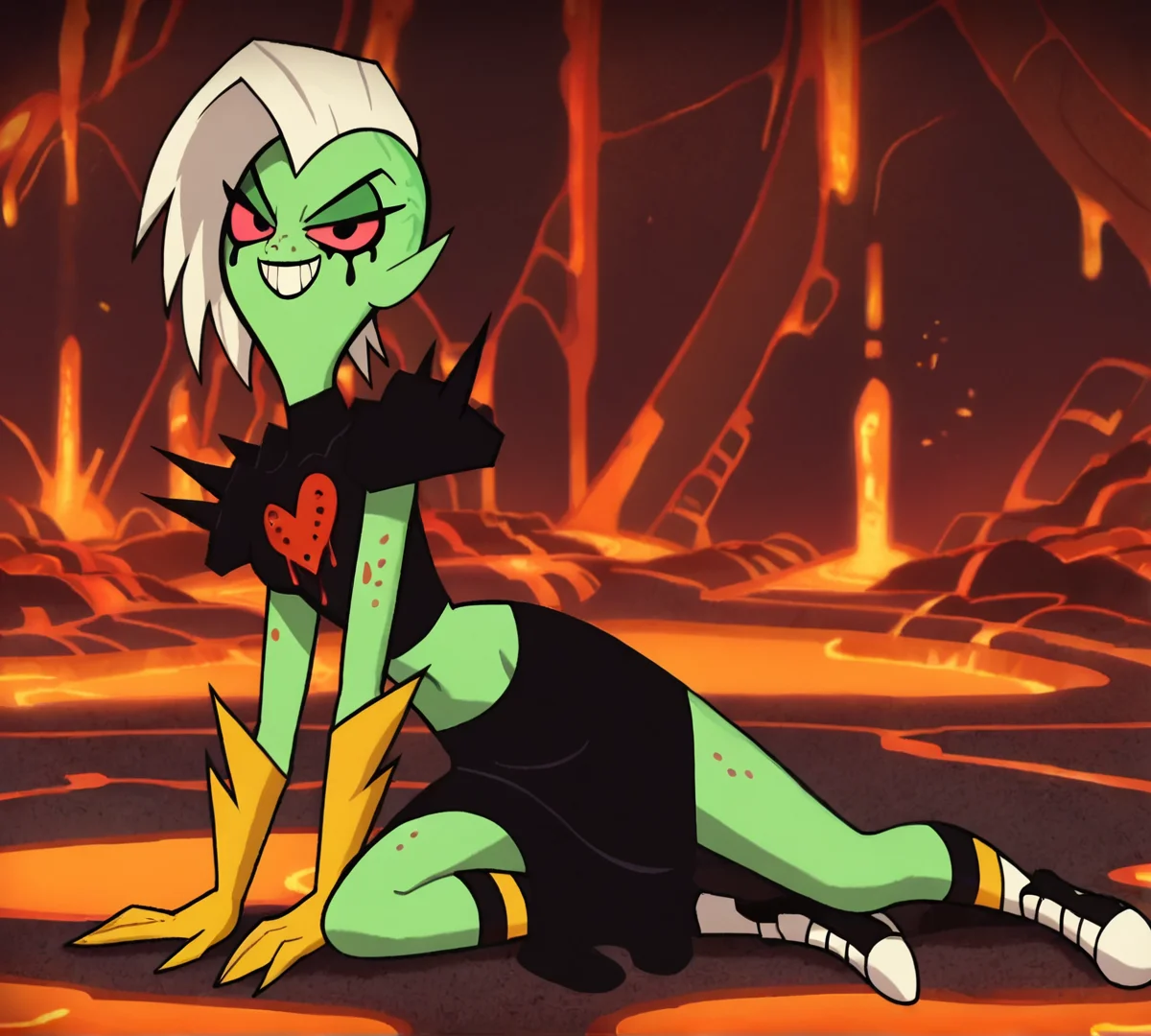 Lord Dominator, zPDXL, best quality, amazing quality, score 9, looking at viewer, evil grin, full body, white hair, lava, <lora:Lord_Dominator:0.8>