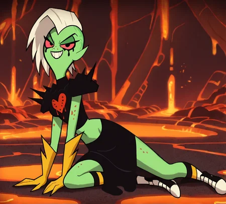 Lord Dominator, zPDXL, best quality, amazing quality, score 9, looking at viewer, evil grin, full body, white hair, lava, <lora:Lord_Dominator:0.8>