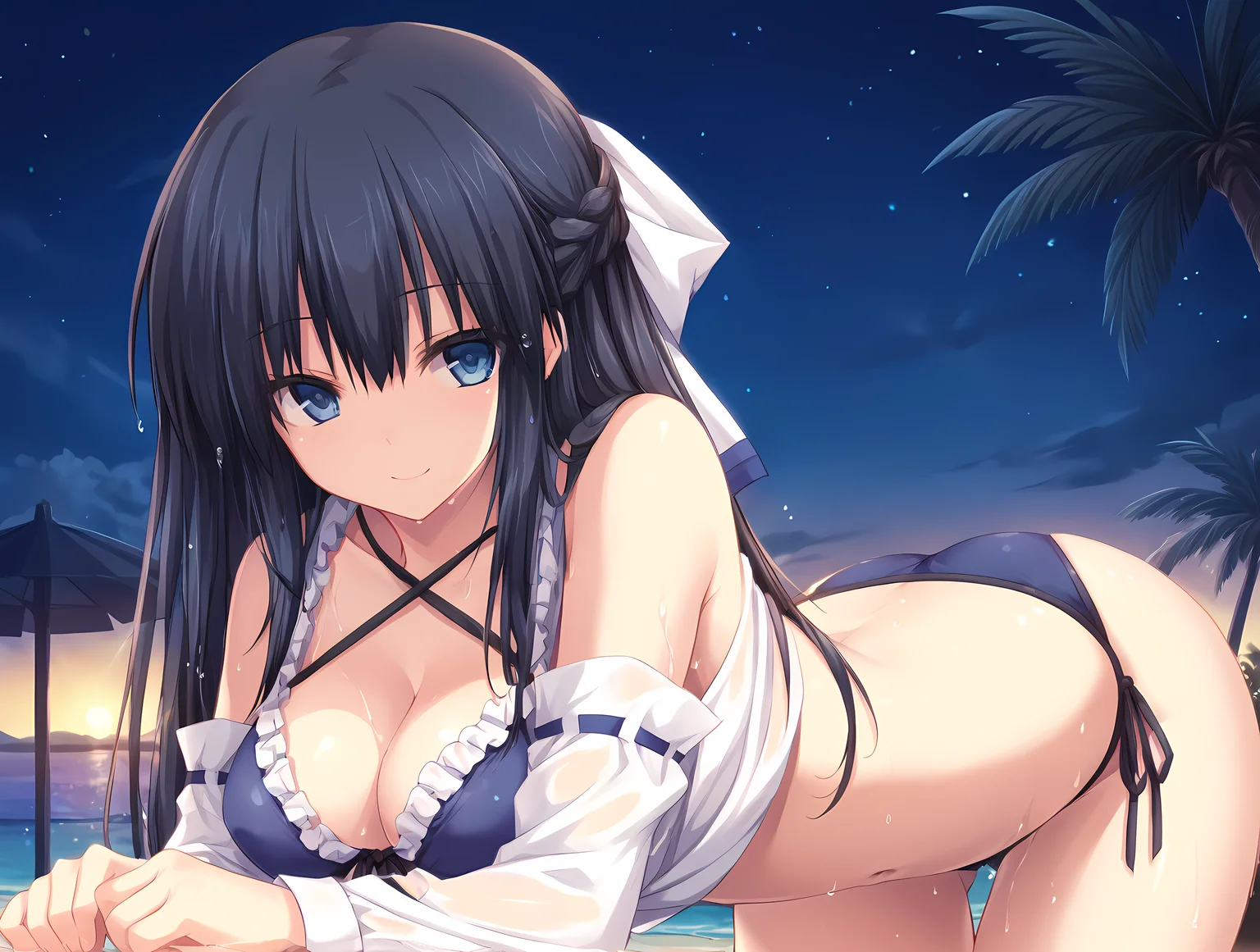 arched back,kneeling,bent over,eushully,liselle,long hair,black hair,lace,criss-cross straps,string,tied shirt,navel,midriff,large breasts,blue eyes,half updo,braid,standing,detached sleeves,side-tie bikini bottom,silk,maid,seductive smile,pose,sexually suggestive,moonlight,moonlit,<lora:Eushully_Liselle_Madou_Koukaku_EP10:0.9>,beach,night,night sky,palm tree,wet,wet clothes,adjusting clothes,head on hand, arm support,, score_9, score_8_up, score_7_up,source_anime,(masterpiece),(best quality),(ultra-detailed),(best illustration),(best shadow),(absurdres),(detailed background),(very aesthetic),source_anime