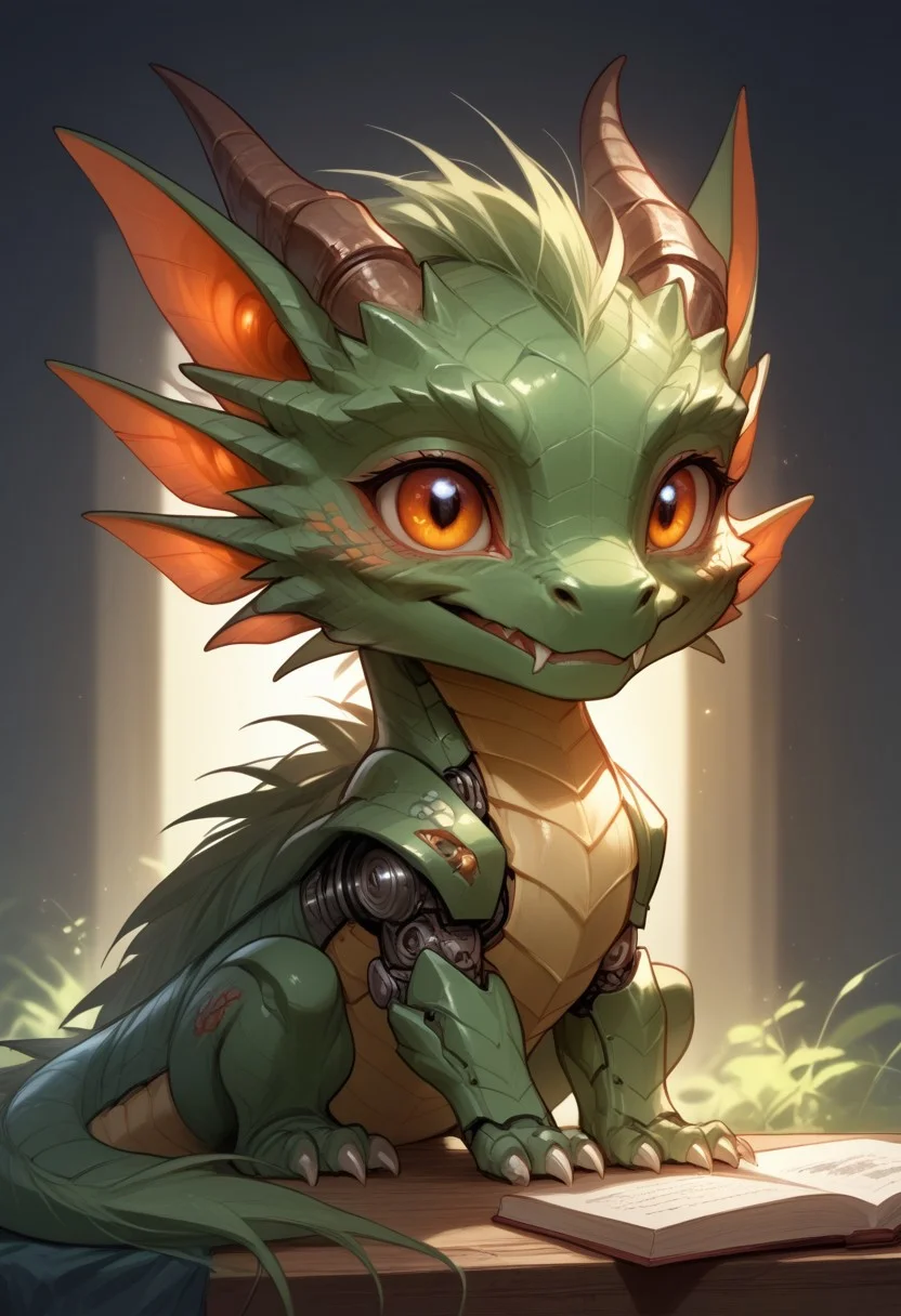 score_9, score_8_up, score_7_up, source_furry, solo, adorable Chibi Dragon, partial body, close view, sitting on a bed, (robotic skin, robotic joints, feral dragon, chibi body:1.2), excited, (indirect lighting, dynamic lighting:1.4), in a bedroom, chibi art style, (detailed image, high resolution, 5k resolution:1.0), (realistic style, chibi Art Style:1.2)