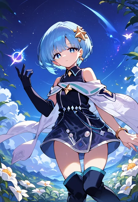 score_9,score_8_up,score_7_up,source_anime,zPDXL3,fantasy,outdoors,night,night sky,star (sky),sky,starry sky,crystal,white flower field,
*//*,<lora:SiaAstelle_Pony:1>,sia_astelle,1girl,solo,blue hair,short hair,bangs,blue eyes,gloves,thighhighs,thigh boots,earrings,hair ornament,jewelry,black dress,sleeveless,black footwear,single glove,black elbow gloves,
*//*,looking at viewer,cowboy shot,dutch angle,dynamic pose,