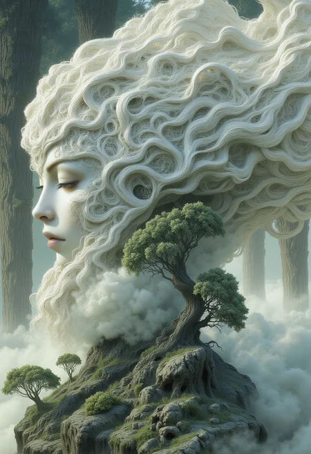 A surreal portrait of a tree goddess emerging from an ancient monolith of twisted roots and gnarled branches. Her face has high cheekbones, smooth porcelain-like skin with a soft glow, and pale, half-lidded eyes. Her long lashes and delicately arched eyebrows frame her serene expression.
Her hair seamlessly transitions into the white birch tree itself, forming a complex crown of white, intertwining branches that stretch upward. The branches have a polished, bone-like texture, curling and twisting into organic patterns. Her body is partially wrapped in bark-like tendrils that spiral around her torso, forming an intricate natural gown that blends into her surroundings.
Below her, a massive, weathered white birch tree trunk extends downward, with thick, gnarled roots twisting into the mist-covered ground. Small, bonsai-like trees sprout from rocky outcroppings embedded within the root system, their tiny leaves adding contrast against the pale landscape.
A dense mist blankets the lower part of the scene, partially obscuring the roots and drifting through the air. In the background, enormous ancient trees with skeletal branches rise through the fog, their silhouettes fading into the distance. The entire image is enveloped in a muted, desaturated color palette of soft whites, cool grays, and subtle earthy greens.
The composition presents her as seamlessly integrated with the massive tree, appearing both as a living figure and an extension of the forest itself.