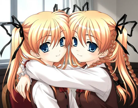 general,highres, ultra-detailed,very aesthetic,best quality ,best hands, BREAK <lora:Itsukiï¼Imi_IS:1>ãItsukiï¼Imi, multiple girls, 2girls, blonde hair, twins, siblings, blue eyes, twintails, braid, ribbon, BREAK,
sisters, twin braids, hair ribbon, long hair, chair, brown vest, hug, upper body, shirt, smile,
