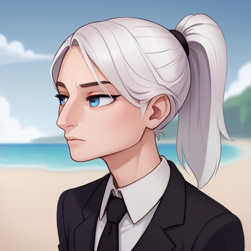 score_9_up, score_8_up, BREAK, Aquiline Nose, 1girl, solo, white hair, high ponytail, blue eyes, white shirt, black suit, formal, necktie, black pants, outdoors, depth of field,  <lora:AquilineNose_PXL_Leaf1:1>, beach,  <lora:shadmanreal-guy-PONY-DORAv1:1>