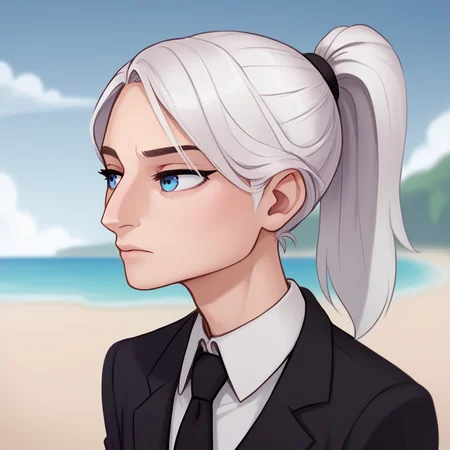 score_9_up, score_8_up, BREAK, Aquiline Nose, 1girl, solo, white hair, high ponytail, blue eyes, white shirt, black suit, formal, necktie, black pants, outdoors, depth of field,  <lora:AquilineNose_PXL_Leaf1:1>, beach,  <lora:shadmanreal-guy-PONY-DORAv1:1>