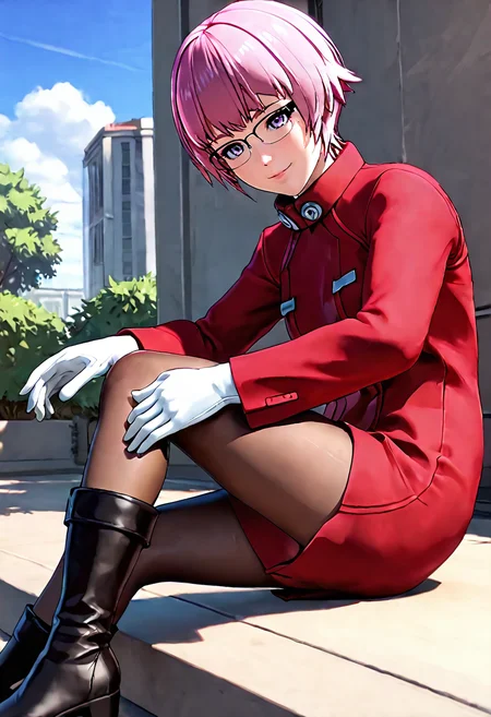<lora:sdxl_lightning_8step_lora:1> <lora:Fixhands_anime_bdsqlsz_V1:1>score_9, score_8_up, score_7_up, source_anime, intricate details, perfect anatomy BREAK
1girl, solo, gis-esakipurin, pink hair, short hair, purple eyes, black-framed eyewear, red coat, white gloves, gis-esakipurin outfit, brown pantyhose, black boots,
downblouse, on side, Sensual, A deep, intense gaze, a slow, deliberate smile, and a relaxed posture., outdoors,
<lora:gis-esakipurin_XL(pony)fix:0.9>