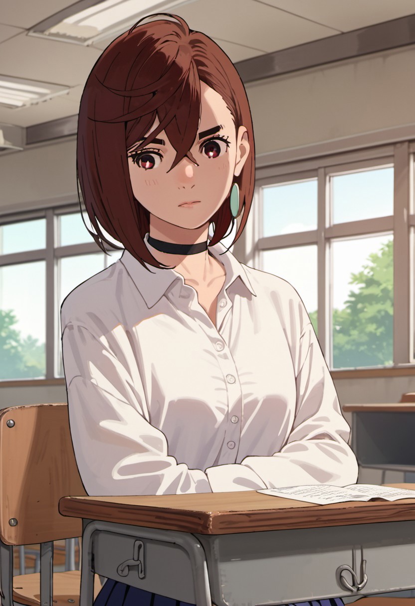 score_9, score_8_up, score_7_up, source_anime, ayase momo, auburn hair, short hair, brownish crimson eyes, 1girl, solo, desk, choker, school desk, indoors, black choker, window, classroom, chair
