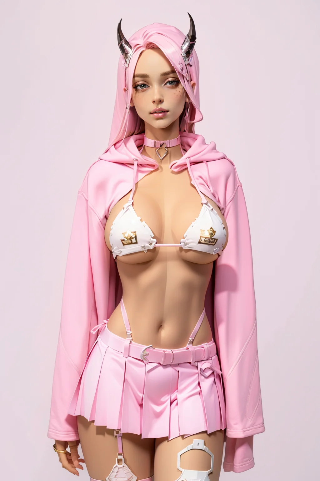 masterpiece, best quality, high quality,  <lora:detail_slider_v4:2> <lora:age_slider_v2:3>  <lora:techk1ttypink:0.9> techk1tty, bikini, white bikini, pink and white theme, plastic, lingerie, tech wear, choker, bra, garterbelt, belt, collar, pink bikini, jacket, horns, pink jacket, crop hoodie, hoodie, cropped jacket, pink hoodie, white horns, half skirt, pleated half skirt,