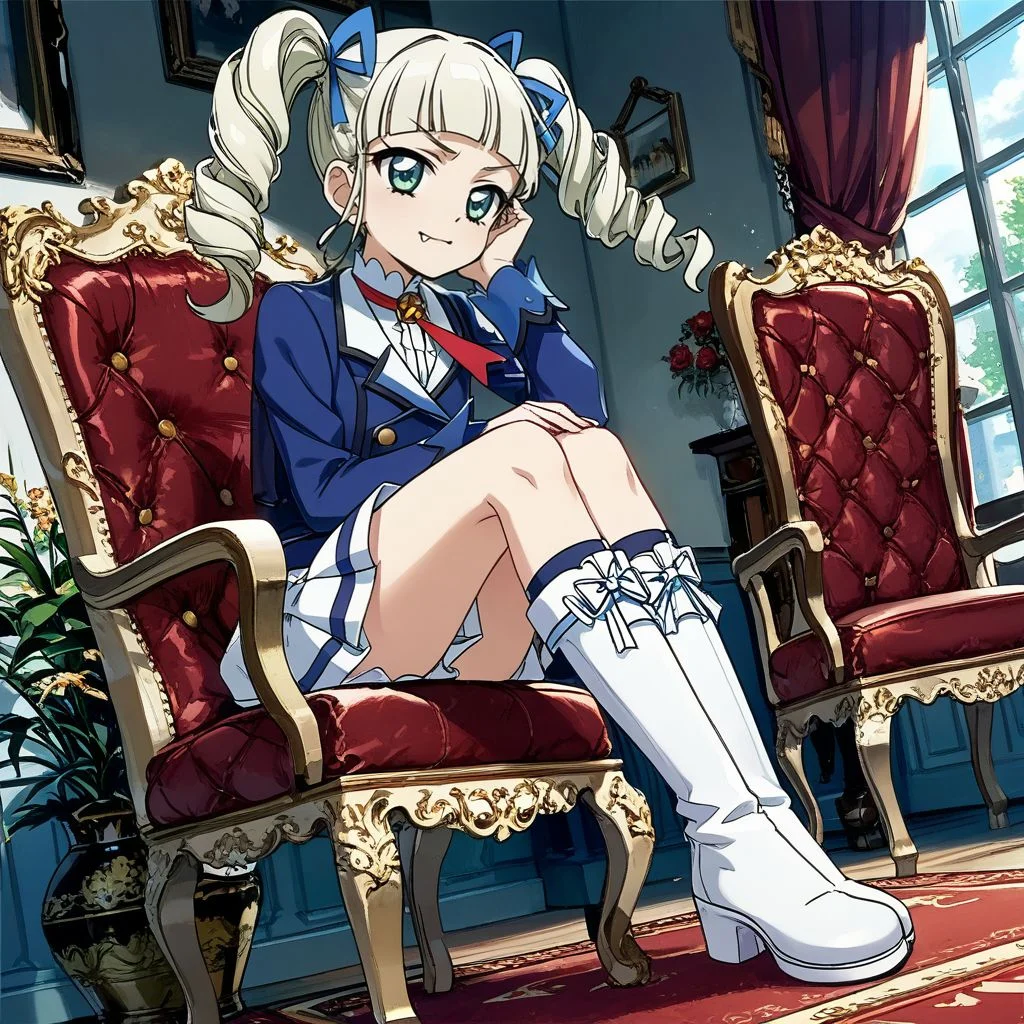 score_9, score_8_up,score_7_up,game cg,official art, uncensored, convenient censoring, covering privates,
rating_safe,
modeling, expressive hair, expressive clothes, dutch angle,wind
sitting, chair,elbow rest,
<lora:yurikasamaV:0.8> todo yurika, green eyes, platinum blonde hair, blunt bangs, drill hair, twin drills, hair bow, bow,ribbon,fang,fang out, starlight academy school uniform,,blue jacket,white skirt white footwear, knee boots,