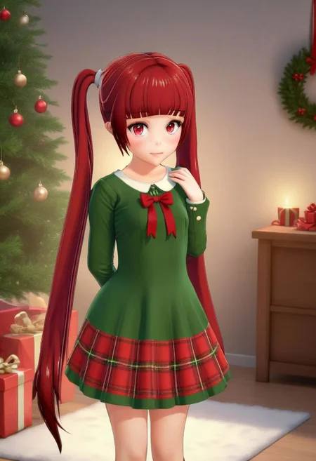 instant Christmas, high quality, 1girl,realistic lighting,great quality, photograph,full body, cute,dress, red hair,twintails,green and red plaid dres