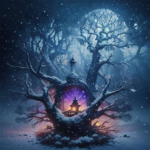 Two small robin birds on a snowy branch of a tree, one with a woolen hat and the other with a scarf illuminated by a lantern hanging from a branch, it is getting dark and snowing, in the background the last lights of the day and snowy trees blurred by the fog and falling snow, 3D style, Disney, Pixar, 4K, the little birds in focus, detailed drawing something that does not even exist, mythical being, energy, molecular, textures, impressive beauty, pure perfection, divine presence, unforgettable beauty, impressive , impressive, volumetric light, auras, rays, vivid reflected colors, you can see snowflakes falling, studio lighting, very detailed