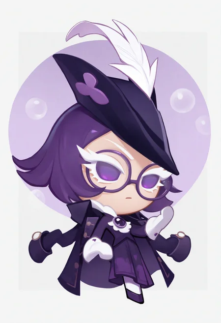 masterpiece,best quality,amazing quality,
crk1styl111,<lora:lycoris:1>,(chibi:1.4),colored eyelashes,white eyelashes,dynamic pose,solo,full body,simple background,purple hair,(purple theme:1.1),
girl,plum print,(plum girl:1.1),short hair,purple eyes,border,bubble background,brooch,gloves,hat,hat feather,high collar,jacket,jacket on shoulders,jewelry,tricorne,glasses,